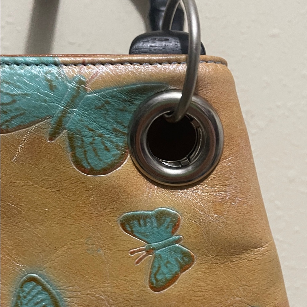 Butterfly Embossed Tan and Green Handbag - Picture 4 of 16